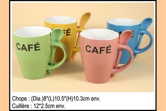 grossiste destockage MUG CAFé éVASé BICOLORE AVEC CUILLèRE 0,60€ 